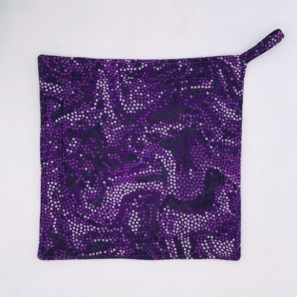 2 Square Potholders,  Purple Swirled Dots, Cottage Core Kitchen 7x7 Inches - Picture 3 of 4